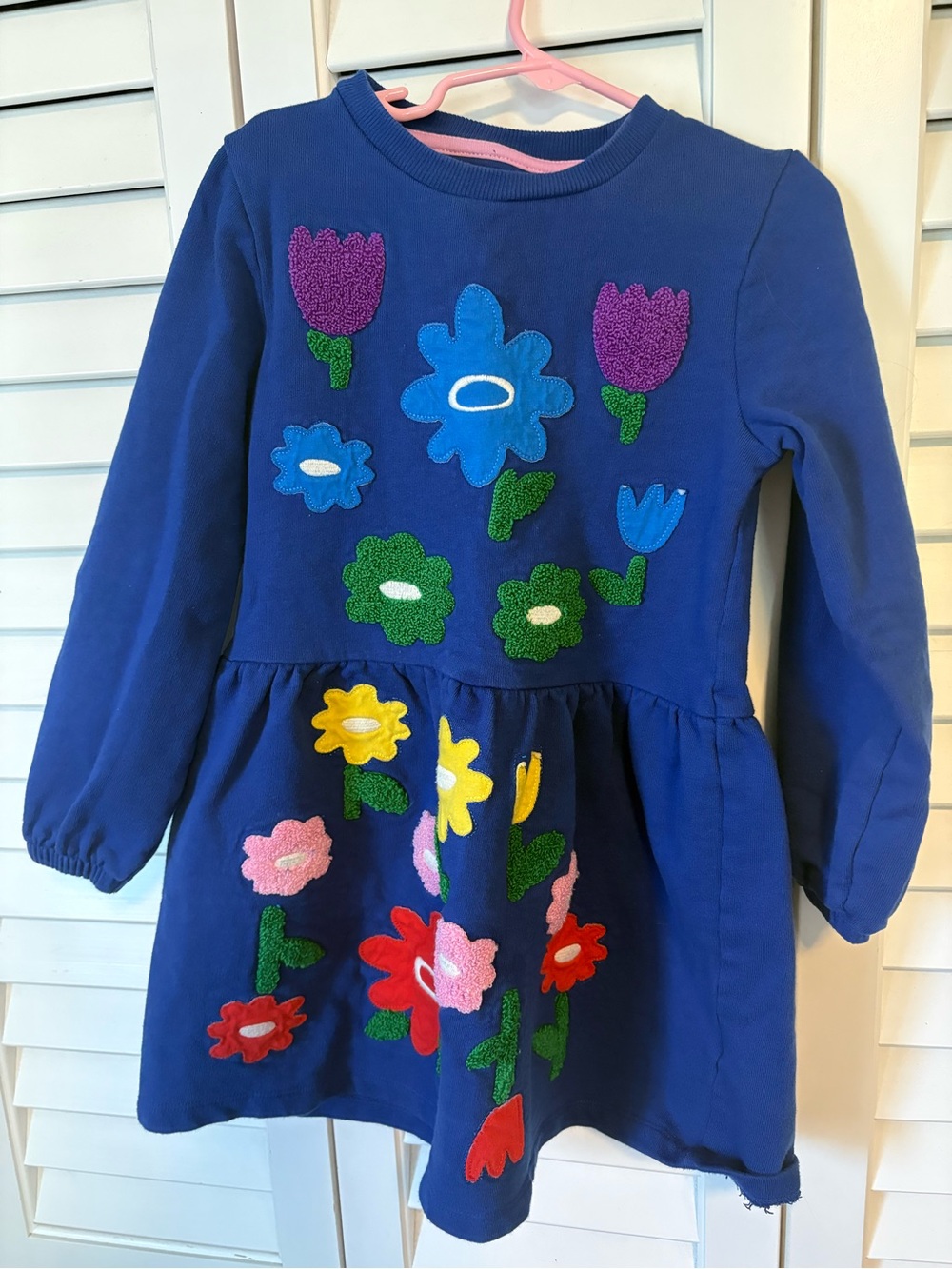 Girls Mini Boden Blue Floral Appliqué Sweatshirt Dress